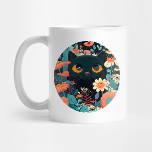 Happy Funny Black Cat In Flowers - Love Cats Mug